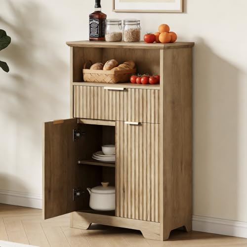 Fluted Buffet Cabinet with Storage, Modern Coffee Bar Cabinet | With Drawer & Adjustable Shelf, Wood Sideboard Cabinet for Kitchen, Bathroom, Entryway and Living Room Natural - color: Natural