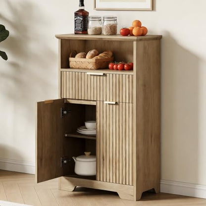 Fluted Buffet Cabinet with Storage, Modern Coffee Bar Cabinet | With Drawer & Adjustable Shelf, Wood Sideboard Cabinet for Kitchen, Bathroom, Entryway and Living Room Natural - color: Natural