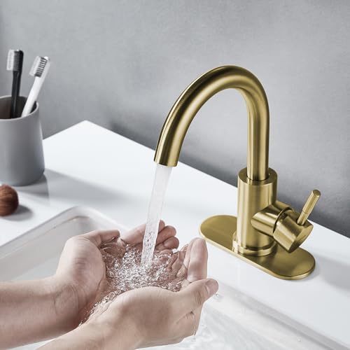 Bathroom Sink Faucet Single Hole Brushed Gold, Modern Single Handle Bathroom Faucet Commercial Stainless Steel Bar Faucet (Brushed Gold, with Drain) - color: Brushed Gold, size: With drain
