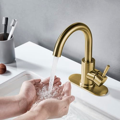 Bathroom Sink Faucet Single Hole Brushed Gold, Modern Single Handle Bathroom Faucet Commercial Stainless Steel Bar Faucet (Brushed Gold, with Drain) - color: Brushed Gold, size: With drain