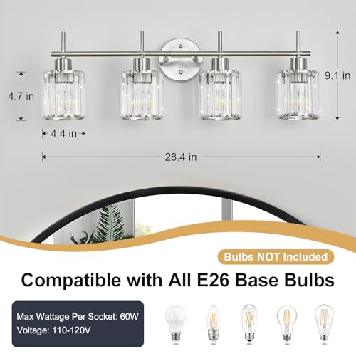 Brushed Nickel Bathroom Light Fixtures, Round, 4-Light | Vanity Lights with Crystal Shades, Modern Bathroom Lighting Fixtures over Mirror (Bulbs Not Included, E26) - color: Brushed Nickel (Round), size: 4-Light