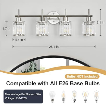 Brushed Nickel Bathroom Light Fixtures, Round, 4-Light | Vanity Lights with Crystal Shades, Modern Bathroom Lighting Fixtures over Mirror (Bulbs Not Included, E26) - color: Brushed Nickel (Round), size: 4-Light
