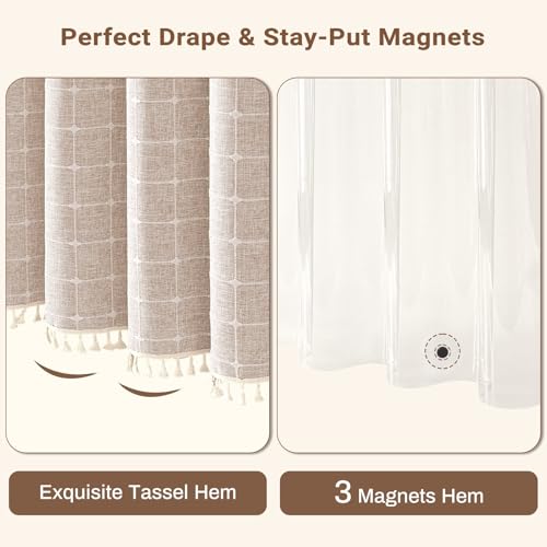 3-in-1 72x90 Boho Farmhouse Linen Shower Curtain with Liner, Taupe | Long Size, 330GSM Linen Blend, Waterproof Clear PEVA Liner, Heavy Duty Cloth, 12 Hooks, Rustic Bohemian, Machine Washable - color: Taupe With Liner, size: 72"W x 90"L (Pack of 1)
