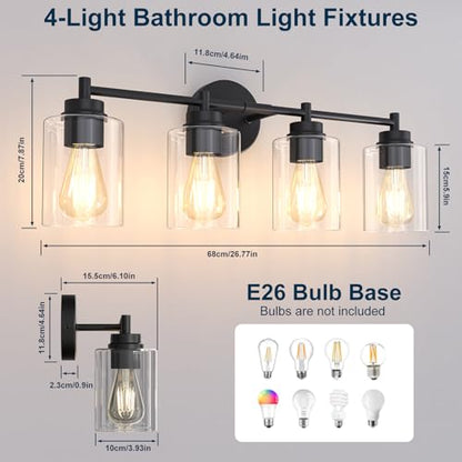 4-Light Bathroom Light Fixtures, Matte Black Modern Vanity Light with Clear Glass Shades, Bathroom Sconce for Mirror Living Room Cabinet Bedroom Porch,E26 Base(Bulbs Not Included) - color: Black 4 Lights