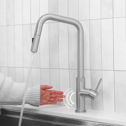 Stylish Touchless Kitchen Faucet with Pull Down Sprayer Single Lever Handle Dual Function Kitchen Sink Faucet with Ceramic Cartridge and Aerator Brushed Stainless Steel Finish, K-150SM - color: Brushed Stainless Steel