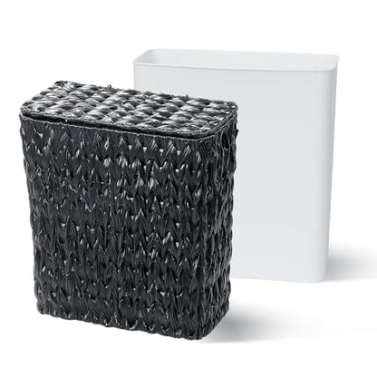 Coeusy Black Wicker Trash Can with Lid and Liner,Waterproof Narrow Waste Basket for Bathroom,Bedroom,Office,3 Gallon - color: black