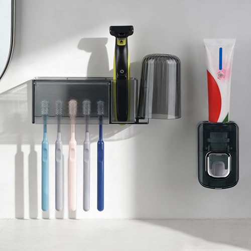 5 Slots Wall Mount Toothbrush Holder with Cover, Self Adhesive Toothbrush Storage Organizer for Shower, Toothbrush Cup Hanger with Automatic Toothpaste Squeezer Dispenser - color: Gray Combination