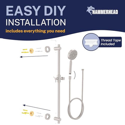 HammerHead Showers® Solid Metal 27.5 Inch Shower Slide Bar Set and Handheld Shower Head with Hose — BRUSHED NICKEL — 2.5 GPM High Pressure Spray Wand — Easily Adjust Height & Angle of Handshower - color: Brushed Nickel, size: 2.5 GPM