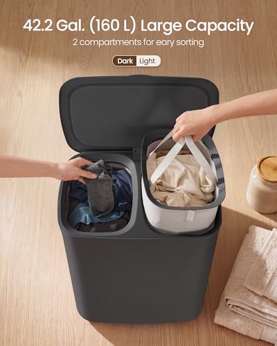 SONGMICS Laundry Basket with Lid, 42.2 Gallons, 2-Compartment Laundry Hamper with Handle, Removable Liner, Easy Assembly, 22 x 15.7 x 27.5 Inches, Slate Gray ULCB822B101 - color: Slate Gray