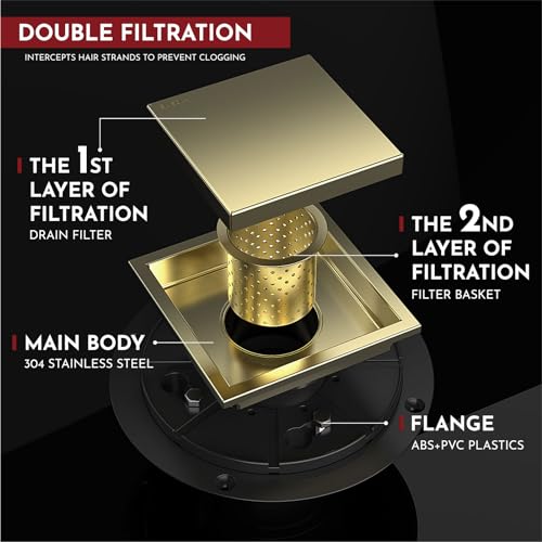 4 Inch Square Shower Drain Gold Floor Drain with Flange Reversible 2-in-1 Cover Tile Insert Grate Removable SUS304 Stainless Steel CUPC Certified Brushed Gold - color: Brushed Gold, size: 4 Inch