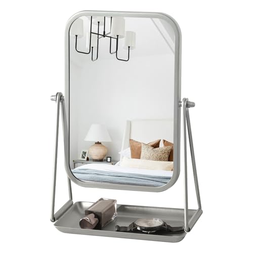 Small Desk Mirror with Storage Tray Silver Iron Frame Standing Mirrors for Desk Countertop Makeup Mirror with 360 Degree Swivel Portable Vanity Mirror for Living Room Bedroom Bathroom - color: Rectangular-silver