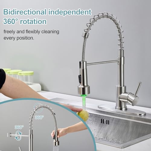 LED Kitchen Faucets with Pull Down Sprayer, Brushed Nickel Modern Single Handle Stainless Steel Pull Out Spring Sink Faucet with LED Light for RV Bar Farmhous Laundry Outdoor - color: Brushed Nickel, style: Classic-LED