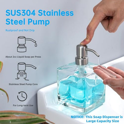 Square Bathroom Soap Dispenser Brushed Nickel, Large Capacity 16.9 oz Glass Bottles with Stainless Steel Pump Retangle Cube Liquid Soap Dispenser Kitchen - color: Brushed Nickel-16.9 Oz
