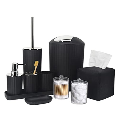 Bathroom Accessory Set, 10 Piece Black Bathroom Set Complete | Includes Trash Can, Soap Dispenser, Toothbrush Holder, Soap Holder, Tumbler, Toilet Brush, Tray, Qtip Holders, Tissue Cover - color: Black