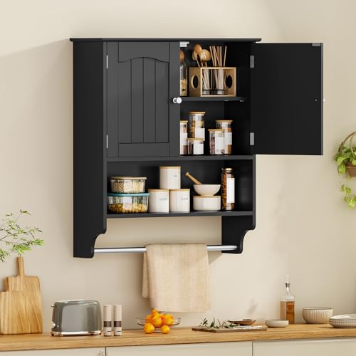 Iwell Bathroom Wall Cabinet with Adjustable Shelf & Doors, Over The Toilet Storage Cabinet, Medicine Cabinet for Bathroom, Laundry Room, Kitchen, Black