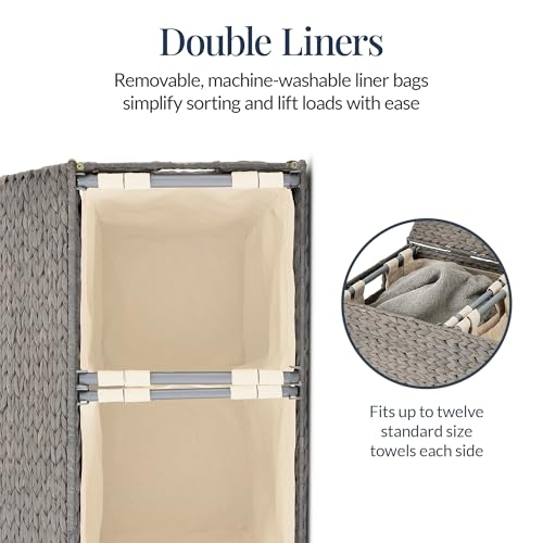 Best Choice Products Large Double Laundry Hamper with Lid, Natural Handwoven Water Hyacinth, 2 Sections w/ 2 Machine Washable Linen Liner Bags, Portable, Handles - Gray - color: Gray