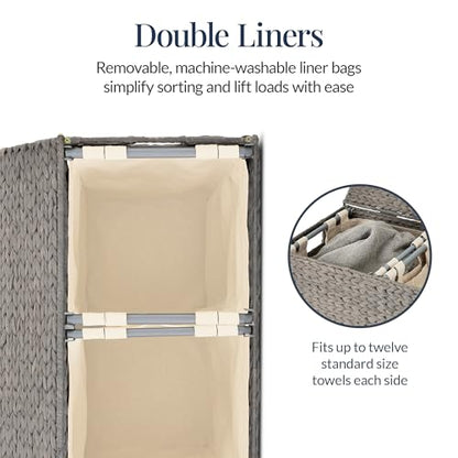 Best Choice Products Large Double Laundry Hamper with Lid, Natural Handwoven Water Hyacinth, 2 Sections w/ 2 Machine Washable Linen Liner Bags, Portable, Handles - Gray - color: Gray