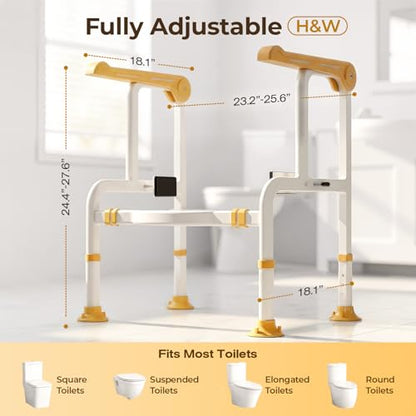 Toilet Safety Rails for Elderly & Disabled with Glow-in-the-Dark Handles, 450 lbs Heavy-Duty Frame, Flip-Up Arms, Dual Lock (Suction & Clamp), Adjustable No-Wobble Support, Yellow - color: Yellow