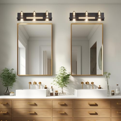 Hamilyeah Rustic Bathroom Light Fixtures Over Mirror, Matte Black and Gold Vanity Lights for Bathroom, 3 Light Vintage Wall Lighting Fixtures,Industrial Kitchen Wall Mounted Lighting