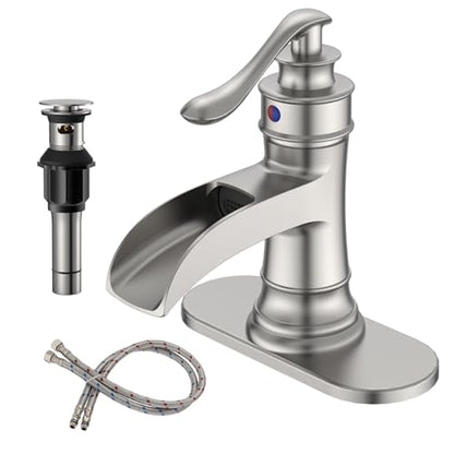 BWE Brass Brushed Nickel Waterfall Bathroom Faucet for Modern & Classic | Lead-Free, Wide Waterfall Spout, Ceramic Cartridge, Fits 1 or 3-Hole Sink, Single Handle, Handware Included, Easy Install - color: Brushed Nickel