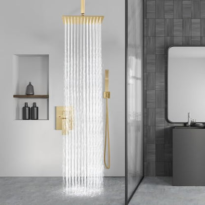 Aolemi Ceiling Shower Faucet with Handheld 12 Inch Head Brushed Gold | Shower Valve and Trim Kit,SUS304 Rain Head and Handle Set System,All Metal,Bathroom, Handheld Spray - color: Gold, size: 12 Inch Ceiling Shower Head