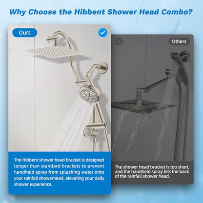 Hibbent High Pressue All Metal 8" Rainfall Shower Head, Handheld 10-Spray | cUPC Certified Brushed Nickel Dual Showerhead Combo, 4-way Diverter with Pause Mode, Brass Extension Arm, 71'' Hose & Holder - color: Brushed Nickel, style: Square 8"