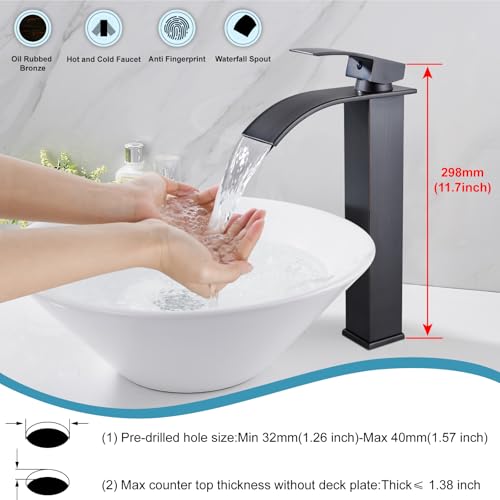 Midanya Waterfall Tall Bathroom Vessel Sink Faucet,Oil Rubbed Bronze | with 24” cUPC Water Hoses,Pop Up Drain without Overflow,for 1 hole Vanity,RV,Lavatory,Bowl,Farmhouse,SUS304,Single Handle - color: Bronze