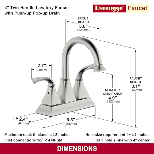 Centerset Bathroom Faucet,Brushed Nickel Lavatory Bathroom Sink Faucet,4 Inch Two Handle with Push up Pop-up Drain,F-4015-BN - color: Brushed Nickel, size: Standard