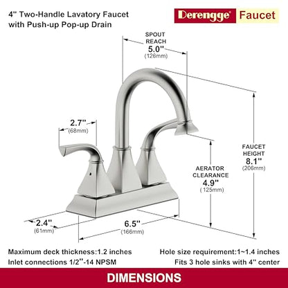 Centerset Bathroom Faucet,Brushed Nickel Lavatory Bathroom Sink Faucet,4 Inch Two Handle with Push up Pop-up Drain,F-4015-BN - color: Brushed Nickel, size: Standard