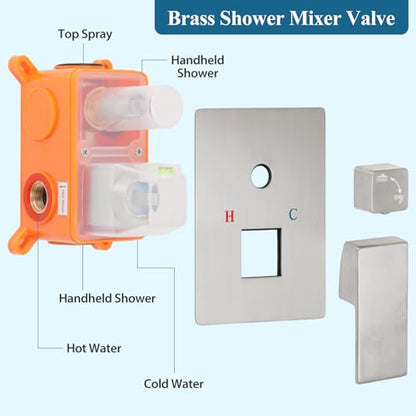Brushed Nickel Square Rainfall Shower Head Set with Handheld, 10" | 10 Inch Square Head, With Shower Valve, Rustproof Brushed Nickel, High Pressure Raindrop - color: Brushed Nickel, style: 2 Setting-10in