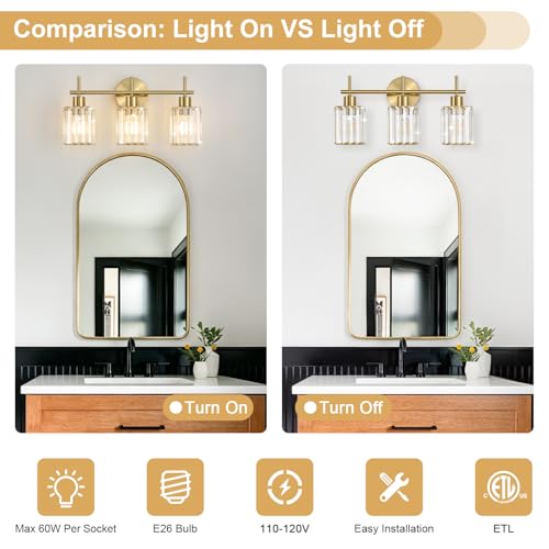 Brushed Gold Bathroom Light Fixtures, Square, 3-Light | Vanity Lights with Crystal Shades, Modern Bathroom Lighting Fixtures over Mirror (Bulbs Not Included, E26) - color: Brushed Gold (Square), size: 3-Light