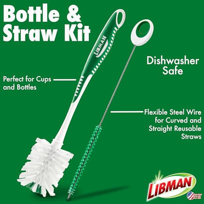 Libman Bottle & Dish Kitchen Brush Kit with Straw Cleaner, 4 Brush Styles | Kitchen scrub brush kit for bottles, dishes, and straws; 3 brushes plus straw cleaner. - style: Bottle & Dish Brush Kit
