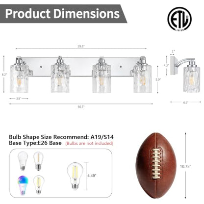 4-Light Bathroom Light Fixtures Modern Chrome Vanity Lights | Easy to Install Clear Hammered Glass Shades, Rippled Glow, Wall Mount Up or Down, E26 Socket, Hardwired, 120V - color: Chrome Hammer, size: 4 Lights