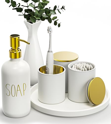 6Pcs White&Gold Bathroom Accessories Set with Tray, Bathroom Counter Sets | Perfect For Creating A Clean, Modern Bathroom Countertop In Apartments, Master Bathrooms, Guest Bathrooms And Airbnb Spaces. - color: White&gold