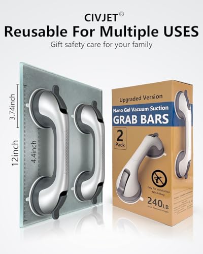 Shower Handles for Elderly Suction Grab Bars for Bathtubs Bathtub Rails | bar Safety 200 lbs Walls Handicap Heavy Duty Holder Hooks to Lift Large Tile Glass Suction Cups Tool chair - color: Gray - 2PK