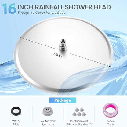 16 inch Ceiling Round Rain Shower Head Brushed Nickel - All Metal Stainless Steel 304, Full Body Round Rainfall Shower with 230 Silicone Nozzles - color: Brushed Nickel, size: 16 Inch