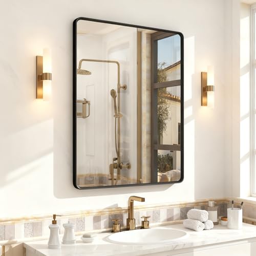 OKPAL 28X36 Inch Black Metal Framed Bathroom Mirror for Wall, Matte Black Bathroom Vanity Mirror, Black Rounded Rectangle Modern Mirror, Rustproof, Shatter-Proof (Horizontal/Vertical) - color: Matte Black, size: 36"L x 28"W