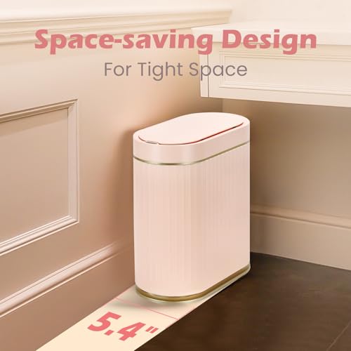 SYNCVIBE Bathroom Sensor Trash Can with Lid, 2 Gallon, Automatic Lid, Pink | 7.5 Liter Smart Garbage Bin, Slim IPX5 Waterproof Plastic Wastebasket, Small Trash Bin for Bedroom, Office and Living Room - color: Pink