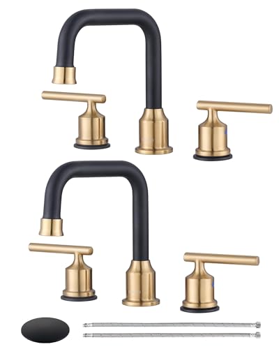 WOWOW Black Gold Bathroom Faucet 3 Hole, Widespread Vanity Sink Faucets | Copper Inlet Faucet for Bathroom Sink with Swivel Spout, 2 Handles Lavatory Tap with Drain and cUPC Supply Line (Set of 2) - color: Black and Gold x 2, style: Upgrade-8 Inch