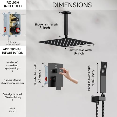 STARBATH Shower Faucet Set Shower System with Diverter Valve, Matte Black | 8" Ceiling Mount Rain Shower Head and Handheld Spray for Two Person, Shower Set with Valve and Trim Kit Complete - color: Matte Black, size: 8"-02
