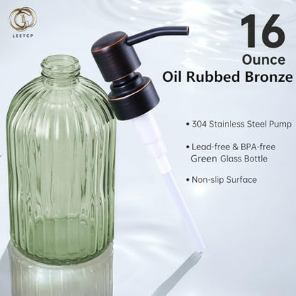 16Oz Green Glass Soap Dispenser with Rust Proof Bronze Stainless Steel Pump, Green Countertop Refillable Liquid Lotion Dispensers with Stainless Steel Pump, Oil Rubbed Bronze Soap Dispenser - color: Oil Rubbed Bronze+ Green, size: 1-Pack