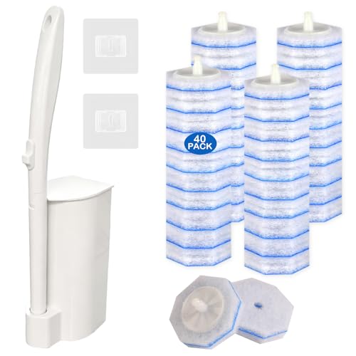 Disposable Toilet Brush and Holder Set, 40 Pre-Filled Refills | 5X Powerful No-Shed Pads, 360° Deep Toilet Bowl Clean, Toilet Bowl Cleaner with Storage Caddy & Adhesive Hooks - size: Toilet Brush Set + 40 Refill Heads