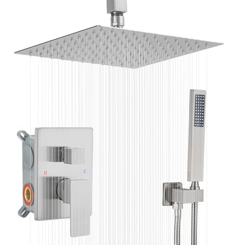 Shower System Brushed Nickel Bathroom 10 Inch Rain Shower Head Ceiling Mount with Handheld Luxury High Pressure Shower Combo Set Shower Faucet Rough-in Valve Body and Trim Kit - color: Brushed Nickel, size: 10 Inch