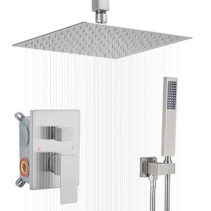 Shower System Brushed Nickel Bathroom 10 Inch Rain Shower Head Ceiling Mount with Handheld Luxury High Pressure Shower Combo Set Shower Faucet Rough-in Valve Body and Trim Kit - color: Brushed Nickel, size: 10 Inch
