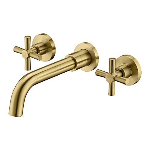 SUMERAIN Brushed Gold Wall Mount Bathroom Faucet | Two Cross Handles, Rough-in Valve Included, Swivel Spout - color: Brushed Gold