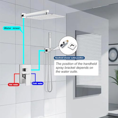 Midanya Shower Faucet Set with Handheld Sprayer,16 Inch,Polish Chrome | Rough-in Shower Valve and Trim Kit Included,Square Rain Head,Wall Mount Shower System,All Metal,Bathroom - color: Chrome, size: 16 Inch