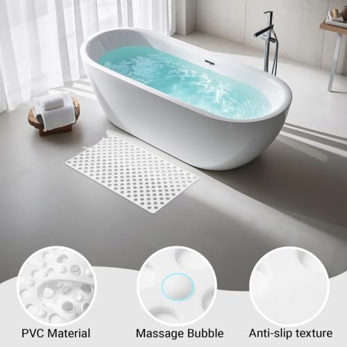 Non Slip Bathtub Mat and Shower Mat 31x17 inch,Bath Mat with Quick Dry Drain Holes and Suction Cups, Soft Comfortable Safe Bathroom Mat for Bath Tub, Floor, Tile (White)