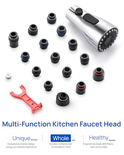 J-HVA Pull Down Kitchen Faucet Sprayer Head Replacement Part, Chrome | 3 Function kitchen Sink Faucet Replacement Nozzle, Kitchen Faucet Head Hose Spray Tap Spout, 15 Connectors - color: Chrome