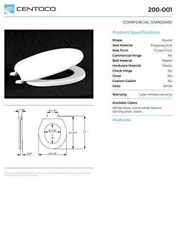 Centoco Round Toilet Seat, Residential, Top Hinge, USA, 200-407, Black | Plastic, Closed Front with Cover, Plastic Hinge, USA - color: Black, size: Round, style: Closed Front