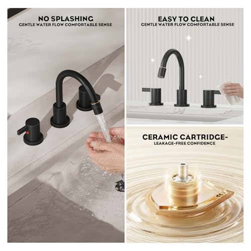 Pull Out Sprayer Matte Black 8 Inch Bathroom Sink Faucet, Widespread 2 Handles 3 Hole Pull Down Bathroom Faucet, with Pop Up Drain and Water Supply Line, BF04022-K01-MB - color: Matte Black